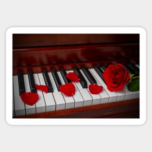 Red Rose On Piano With Rose Petals Sticker